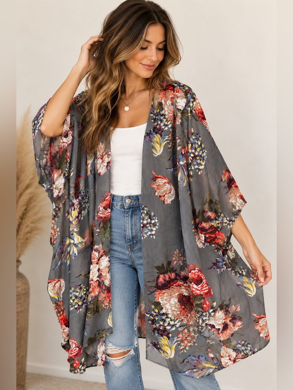 Umgee S/M NWT Gray Floral Kimono Cardigan Sheer Boho Duster Open Front